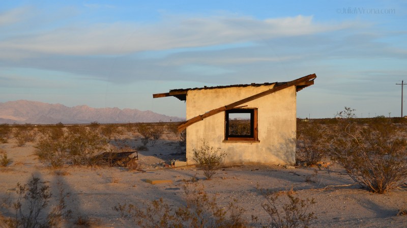 Desert shack at sunset