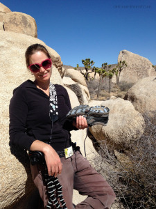 Julie with a nail in her shoe in Joshua Tree