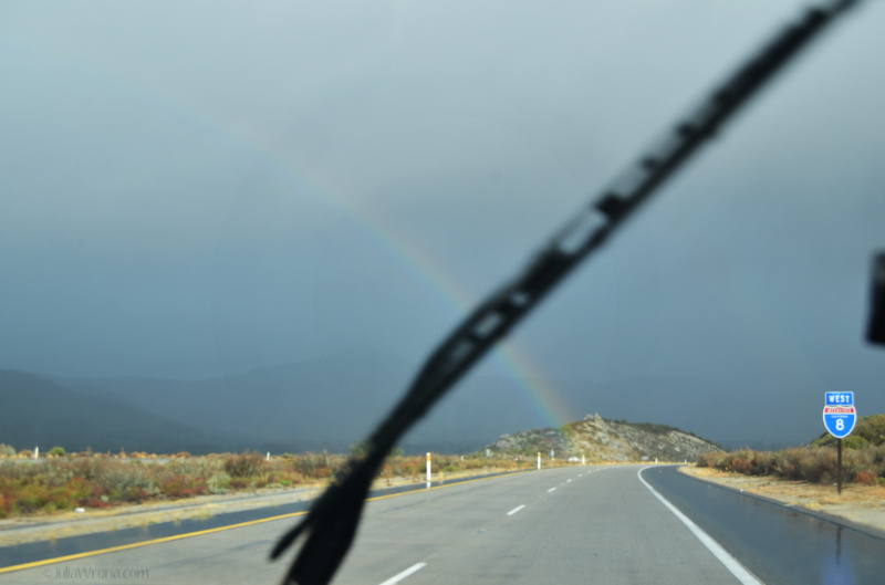 Driving in the rain on i-8 in California with a Rainbow